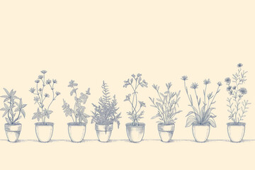 Vintage botanical drawing of potted herbs and flowers in a row. Gardening and home decor concept.  
