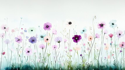   A vibrant field of blue and pink flowers is painted against a stunning white sky