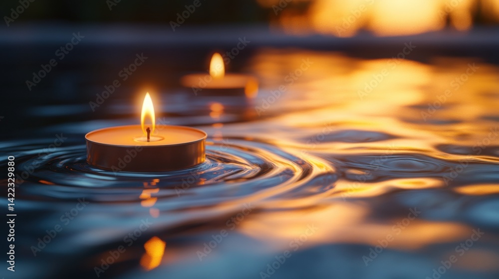 Poster here's a. and keyword list suitable for stock photo submission.. floating candles on rippling water.