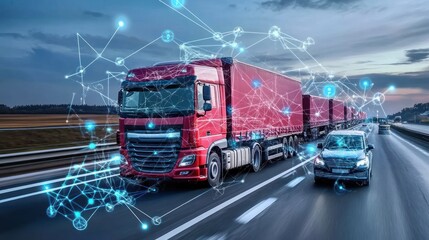 Connected Trucks on Highway at Dusk
