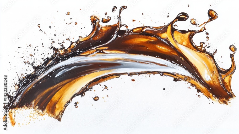 Poster dynamic splash of coffee and milk creating an abstract arc on white canvas background in artistic st