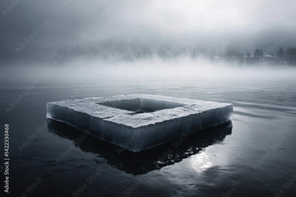Poster geometric ice formation on a serene lake under a misty sky creating a surreal and captivating landsc