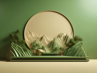 黄金の円形フレームと緑の山並みの3Dレンダリング 美しい自然風景の背景デザイン