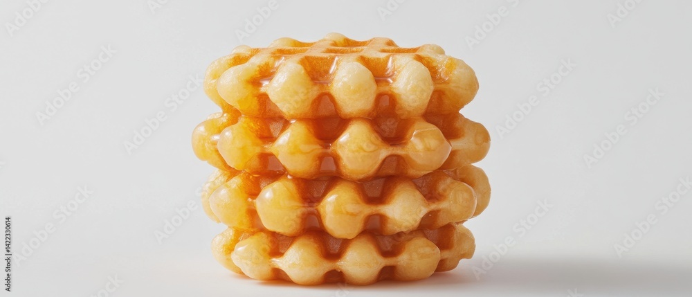 Poster stack of golden brown waffles drizzled with sweet syrup on a clean white surface in a studio setting
