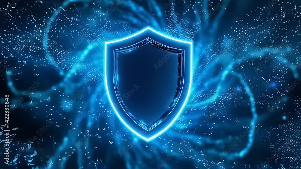 Poster glowing shield in blue particle vortex