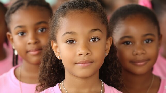 Young girls participating in head start program wearing matching pink shirts outdoors
