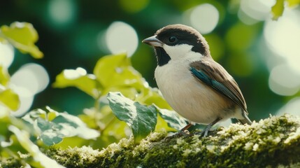 Obraz premium Bird perched on mossy branch, green leaves background, nature photography, wildlife website