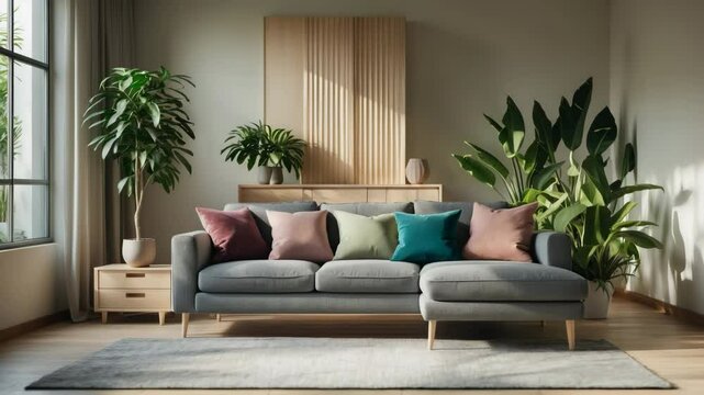 Living room interior showcasing a sofa, storage drawers, and plants.