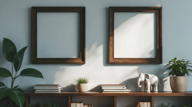 Chic home interior design showcasing two mock-up video frames placed above a shelf decorated with books, plants, and a figurine. Modern room decor concept.