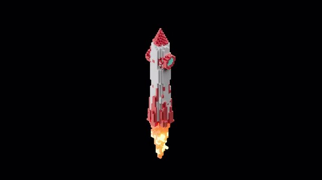 Looping voxel rocket launch animation with alpha channel