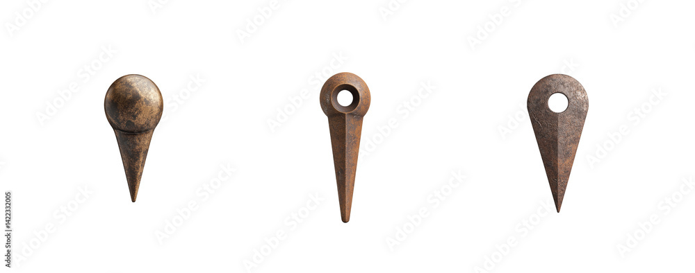 Poster three vintage metal objects with distinct shapes and textures in a precise lineup