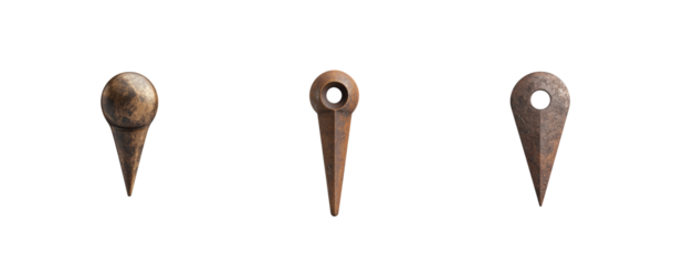 Three vintage metal objects with distinct shapes and textures in a precise lineup