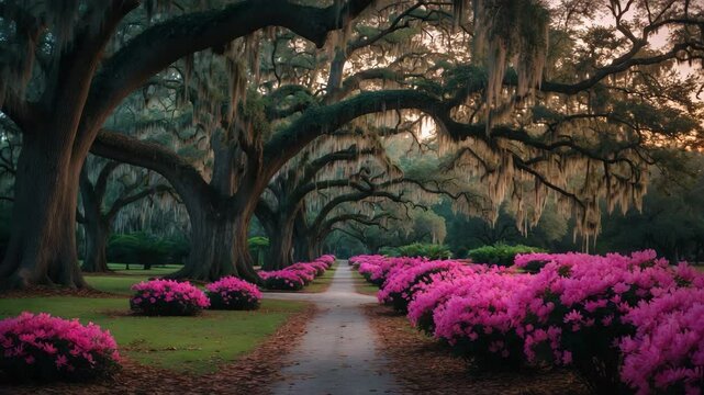 Wide-angle perspective of azaleas and oak trees