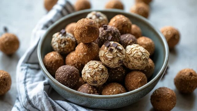 Homemade energy protein balls featuring oats, nuts, dried fruit, and chocolate nibs dusted with cocoa powder.