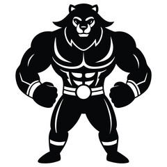Black and White Cartoon of Muscular Fighter