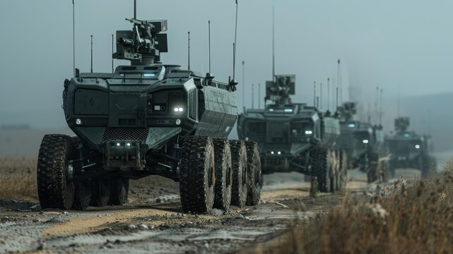 A line of futuristic military robotic vehicles on a muddy terrain road.