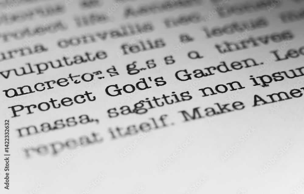 Fototapete protect gods garden. christian text printed on a page. a piece of paper with a phrase written in ret