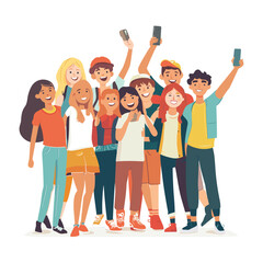 Happy group of students take a selfie flat illustration. AI generated 