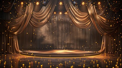 Elegant gold stage with curtains and sparkling lights ready for a show.