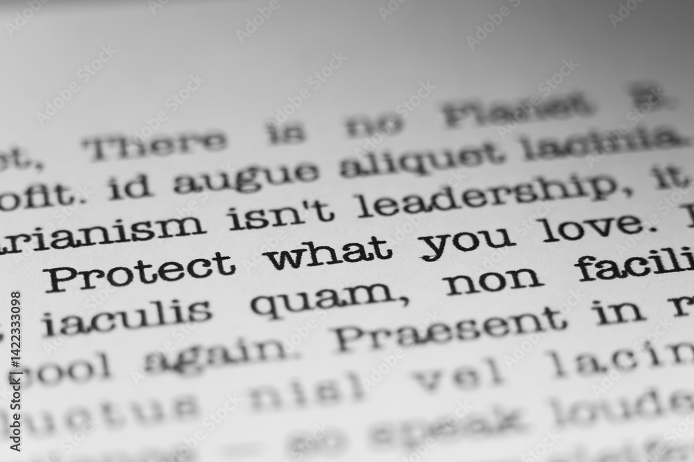 Fototapete protect what you love. text printed on a page. a piece of paper with a phrase written in retro typew