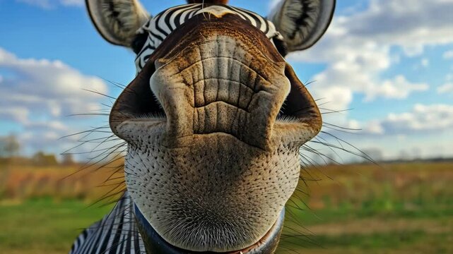 Joyful zebra shows its big smile in a sunny landscape with fluffy clouds creating a cheerful atmosphere