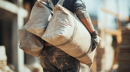Construction Worker Carrying Heavy Sacks