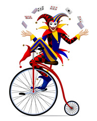 Smiling Joker of playing cards in colorful suit riding vintage bicycle isolated on white. Vector illustration in 3d style