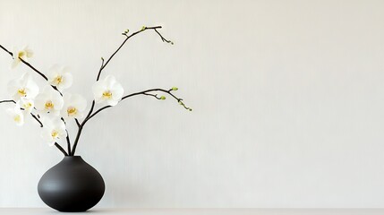   A black vase sits atop a white table, surrounded by white walls on all sides
