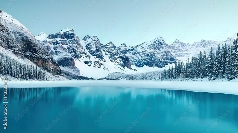 Poster a lake encircled by snow-capped mountains and pine trees in the foreground is set against a backdrop