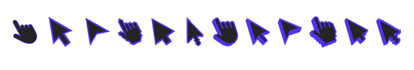 Computer mouse click cursor isolated on transparent. Cursors icons click set. Cursor set in hand, arrow and mouse forms, hand pointer.