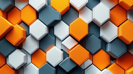 Modern abstract pattern of tessellated blue and orange mosaic tiles with polygonal shapes. The 3D-rendered design showcases sharp edges, sleek textures, 