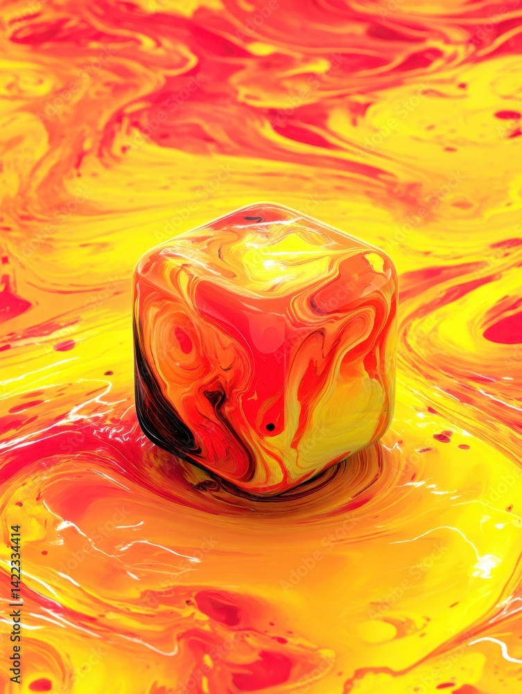 Aufkleber abstract cube floating in swirling yellow and red liquid paint background artistic expression creati