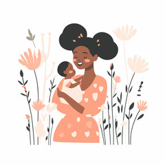 black happy mommy hugs her baby flat vector illustration. AI generation