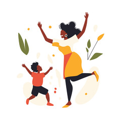 black mommy dance with her child flat vector illustration. AI generation