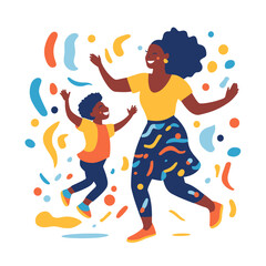 black mommy dance with her child flat vector illustration. AI generation