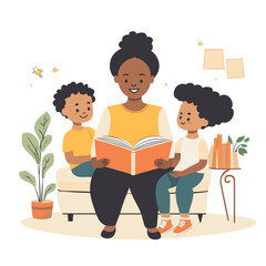 black happy mommy read book for her baby flat vector illustration. AI generation