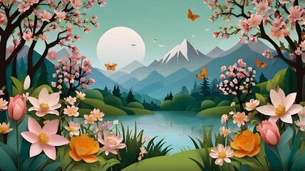 spring landscape with flowers and lake