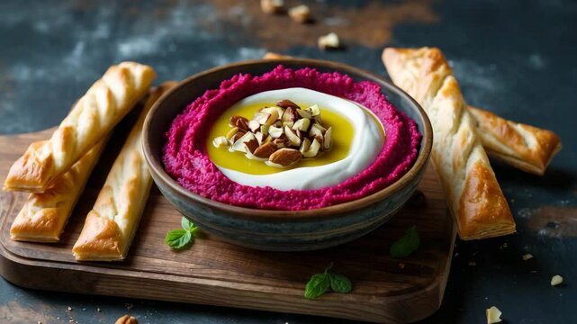 Nutritious vegetarian beet hummus with puff pastry breadsticks on a rustic wooden platter