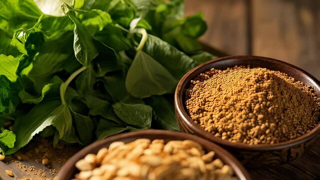Close-up of Fenugreek Seeds and Powder with Fresh Herbs
