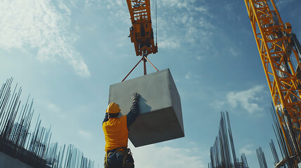 Construction Worker Guiding Concrete Block Lifted by Crane