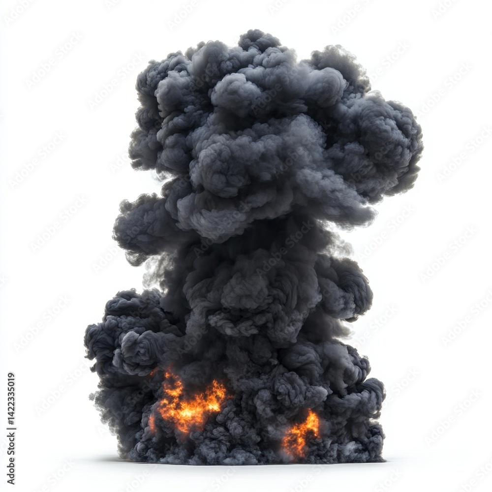 Poster dramatic explosion with billowing smoke and intense fire against a clean white backdrop creating a p