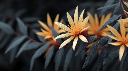 Golden Yellow Flowers  Dark Foliage  Artistic Floral Photography