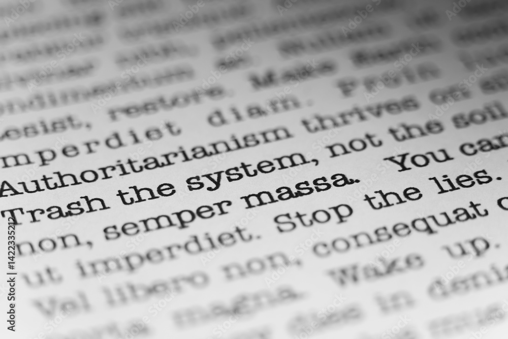 Fototapete trash the system, not the soil. text printed on a page. a piece of paper with a phrase written in re