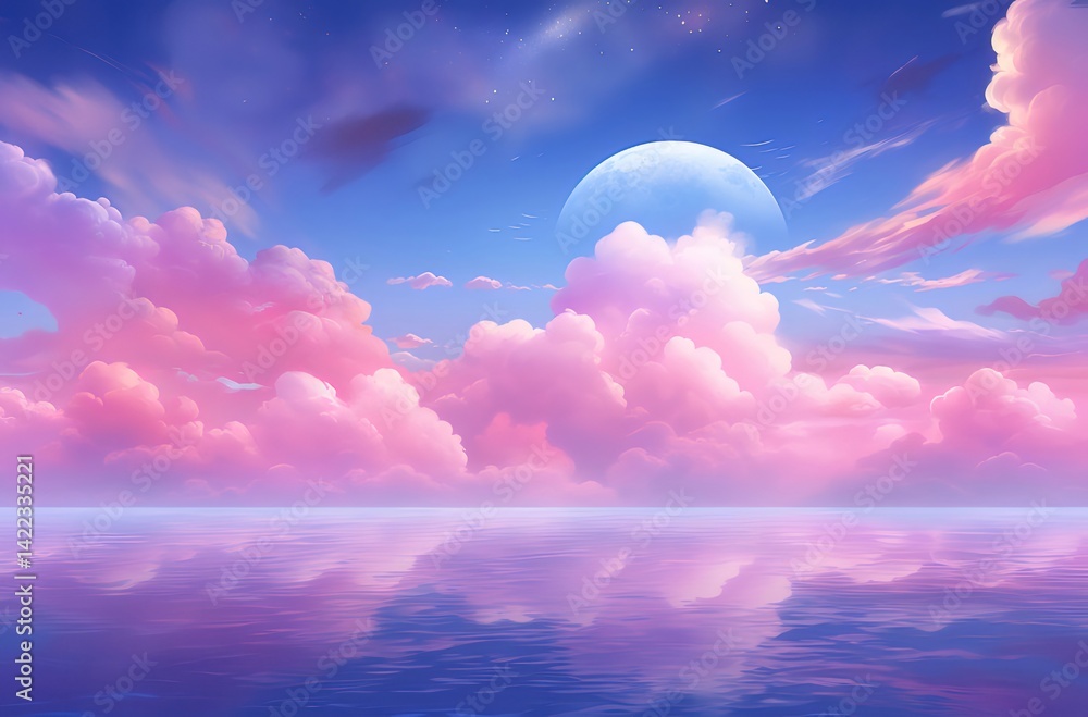 Poster ピンクと青色の雲が水面に映る幻想的な風景画 夕暮れ時の柔らかな光と穏やかな雰囲気