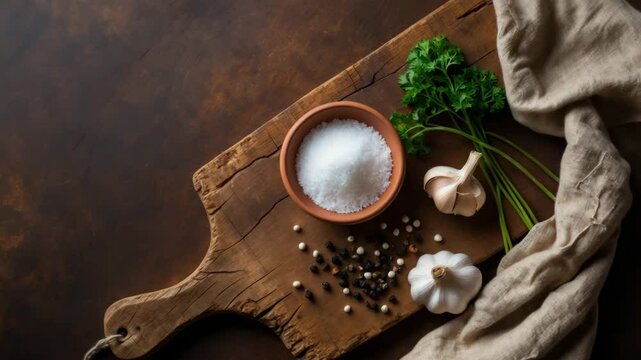 Culinary setting featuring an unoccupied wooden cutting board, spices, and garlic on a rustic table.