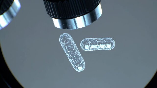 Microscopic view of rotating bacteria cells on white background