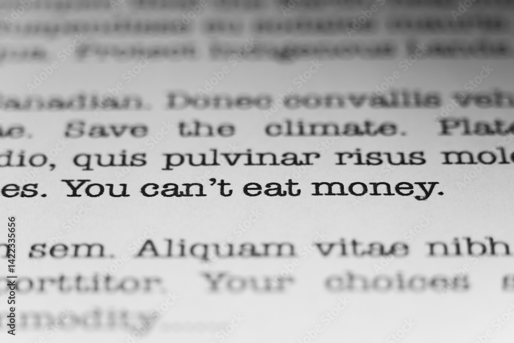 Fototapete you cant eat money. text printed on a page. a piece of paper with a phrase written in retro typewrit