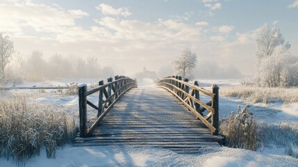 Snowy, wooden bridge in a winter day. Stare Juchy, Poland