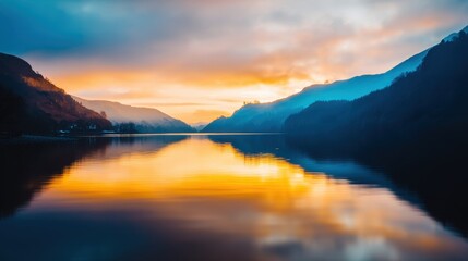 Serene sunset over a tranquil lake surrounded by mountains and soft clouds reflecting in water