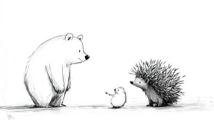 Obraz premium Drawing of bear, hedgehog, and hedgehog facing opposite directions